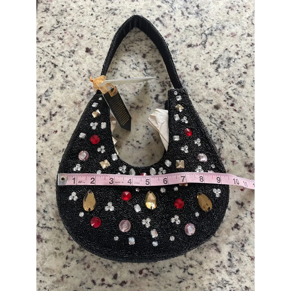 Handcrafted Beaded Hobo Bag with Crystal Embellishments Black‎ Red India